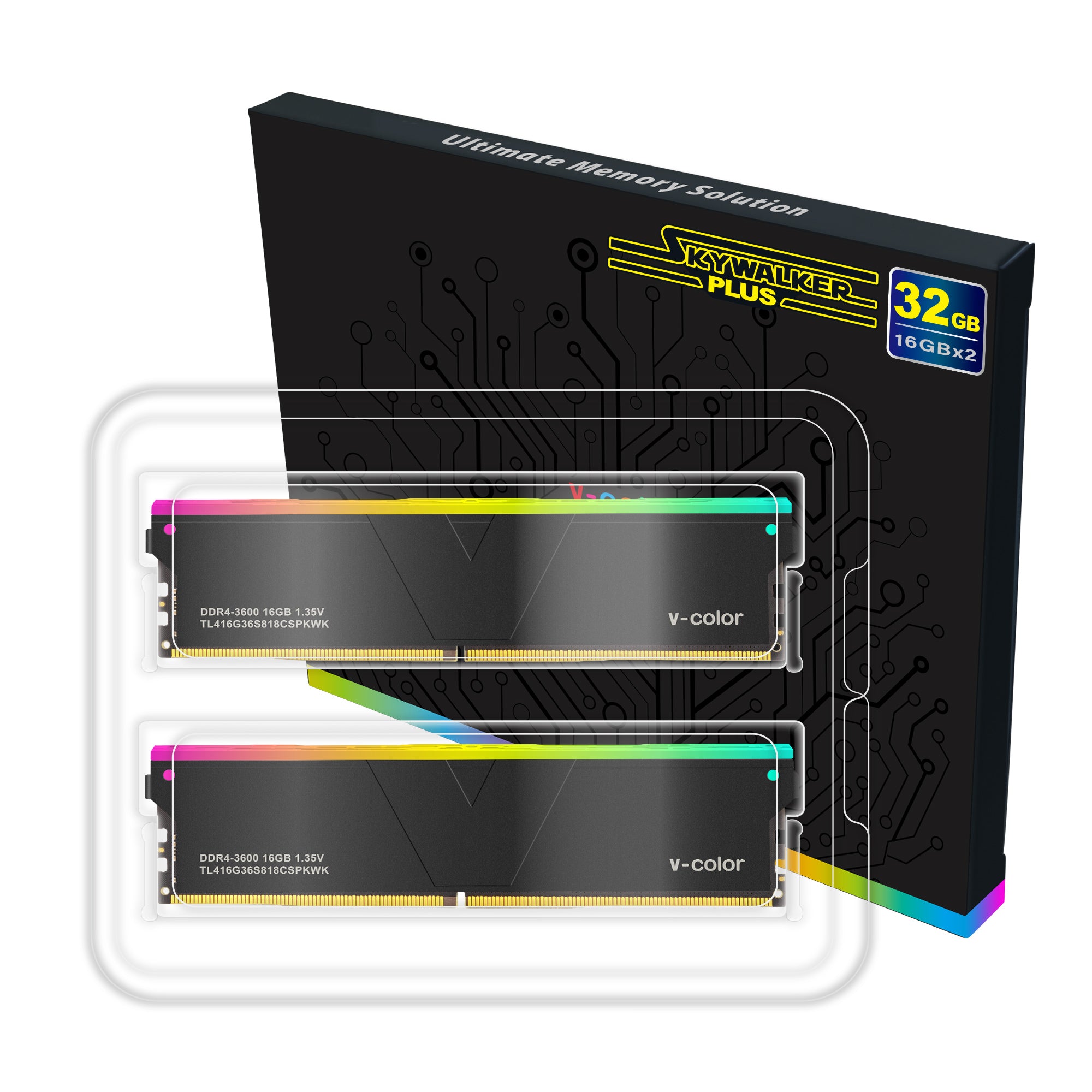 V-color Skywalker Plus RGB U-DIMM 32GB (16GBx2) 3600MHz DDR4 Memory Kit - Black | TL416G36S818CSPKWK